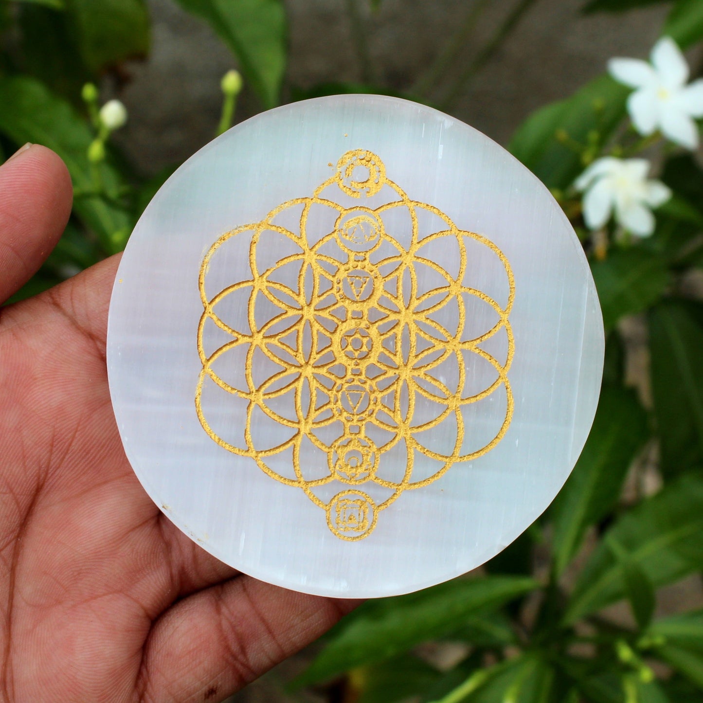 Chakra Symbols Engraved on Selenite Disc / Plate