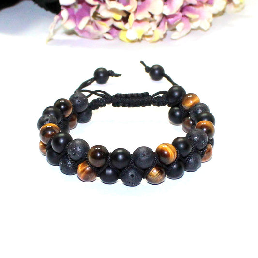 Triple Protection Bracelet - Tiger eye, Black Onyx and Lava Rock