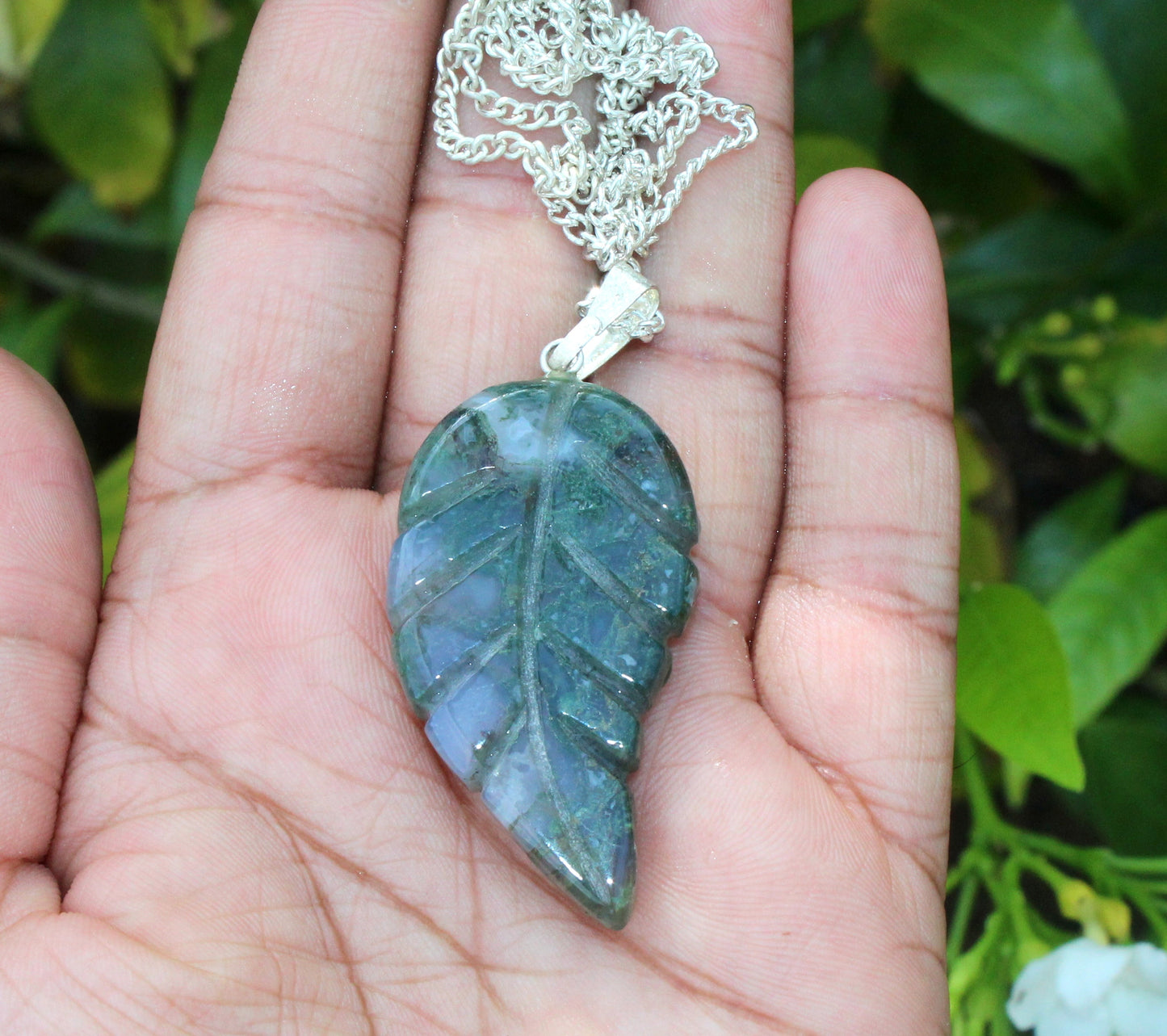 Natural Moss Agate Leaf Necklace