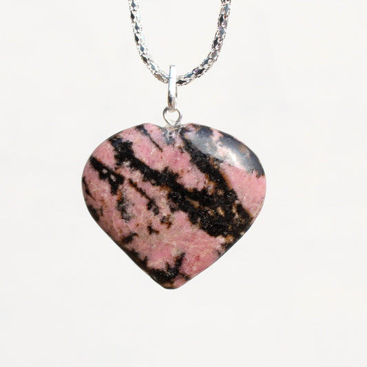 Natural Rhodonite Heart Pendant - 35 mm